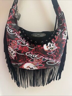 NWT Ed Hardy Skull & Rose Fringe Hobo